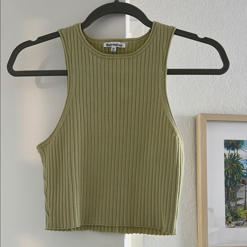 Reformation Green Ribbed Crop Tank Top